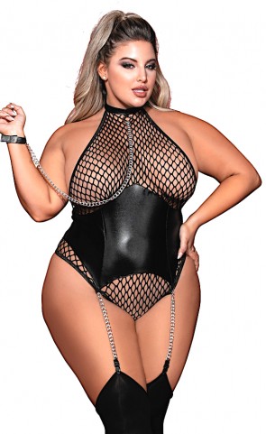 Fence Net Teddy With Faux Leather Corset Plus Size